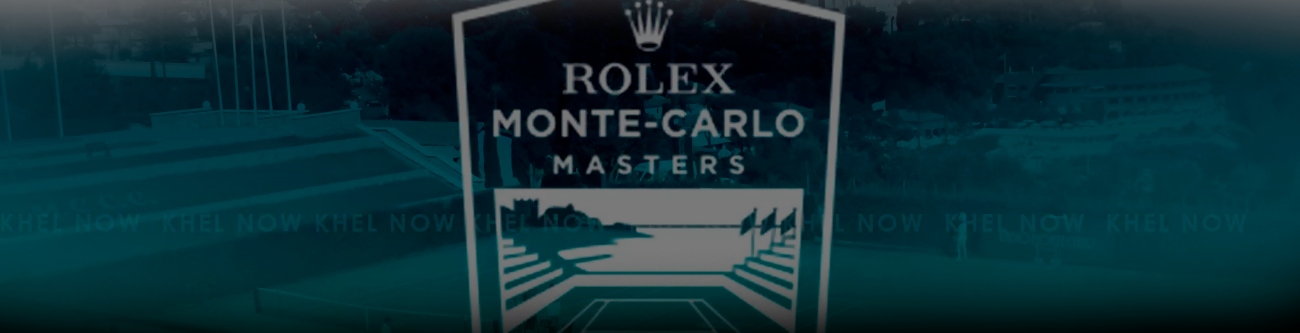На изображении логотип теннисного турнира Rolex Monte-Carlo Masters. Видно название турнира и стилизованный рисунок спортивных кортов. Логотип выполнен в белых оттенках на темно-зеленом фоне