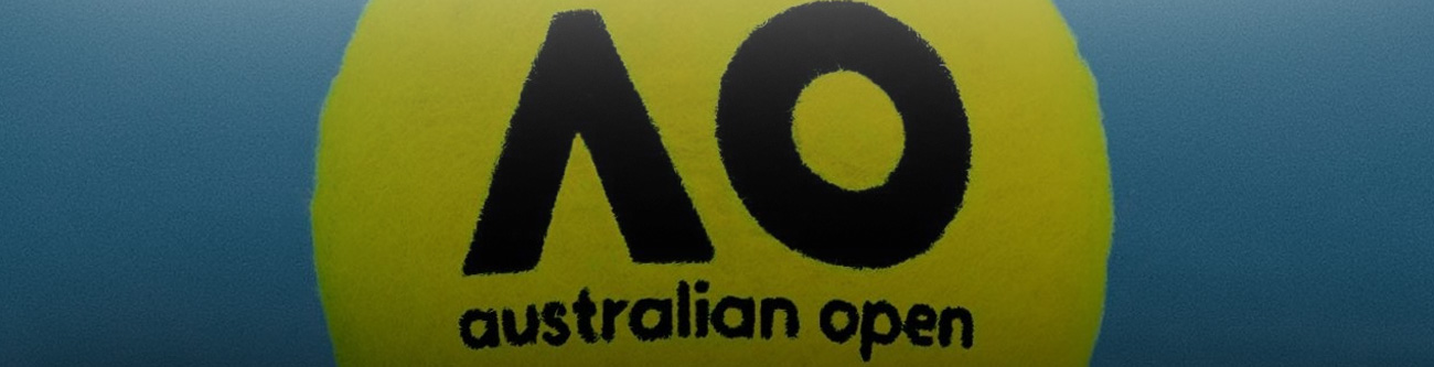 Логотип Australian Open на фоне, напоминающем теннисный мяч. Черные буквы AO выделены на ярко-желтой поверхности с надписью australian open внизу