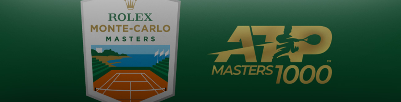 Логотип турнира Rolex Monte-Carlo Masters на зеленом фоне. Справа расположен логотип ATP Masters 1000